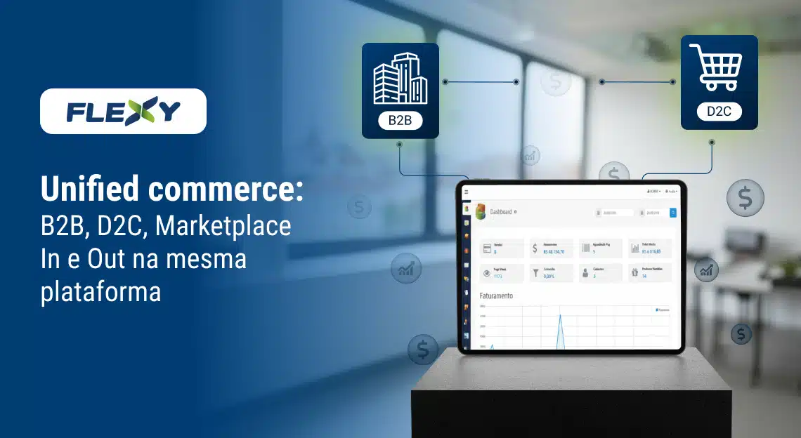 Unified commerce conectando B2B, D2C, Marketplace In e Marketplace Out em uma única plataforma digital.