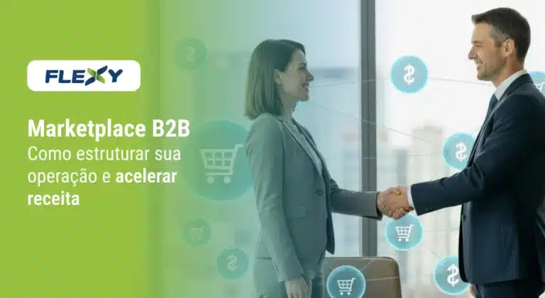 Ilustracao de marketplace B2B com operacao integrada, regras comerciais e painel de controle para escalar receita.