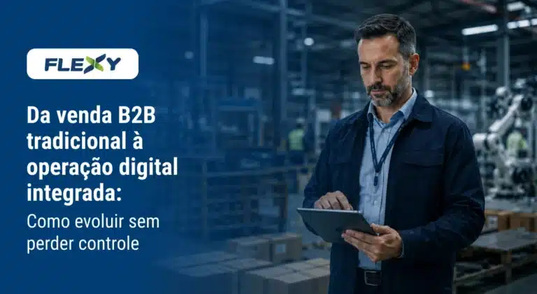 Diretor comercial em fábrica usa tablet para gerenciar vendas, ilustrando a migração para o e-commerce B2B para indústrias e a operação digital integrada.