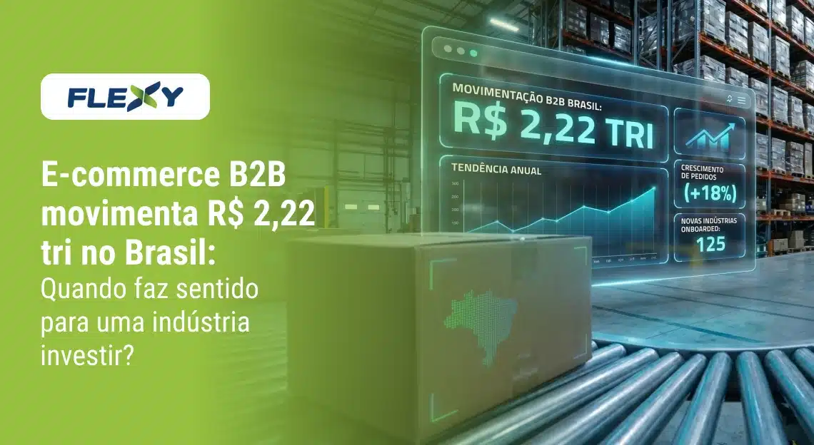 Caixa de papelão em uma esteira de galpão logístico com um painel digital holográfico exibindo que o e-commerce B2B movimenta 2,22 trilhões de reais no Brasil. (O Alt Text deve descrever a imagem de forma literal para leitores de tela e robôs de busca, incluindo a palavra-chave de forma natural).