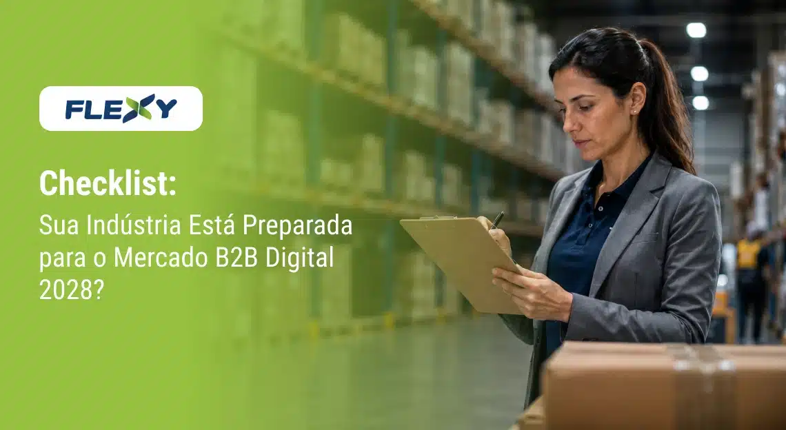 Profissional avaliando informações em uma prancheta dentro de um centro de distribuição, representando a preparação da indústria para o mercado B2B digital em 2028.
