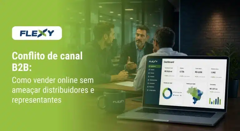 Conflito de canal B2B: reunião de negócios entre gestores enquanto um notebook exibe dashboard de vendas e indicadores comerciais para gestão de canais de distribuição.