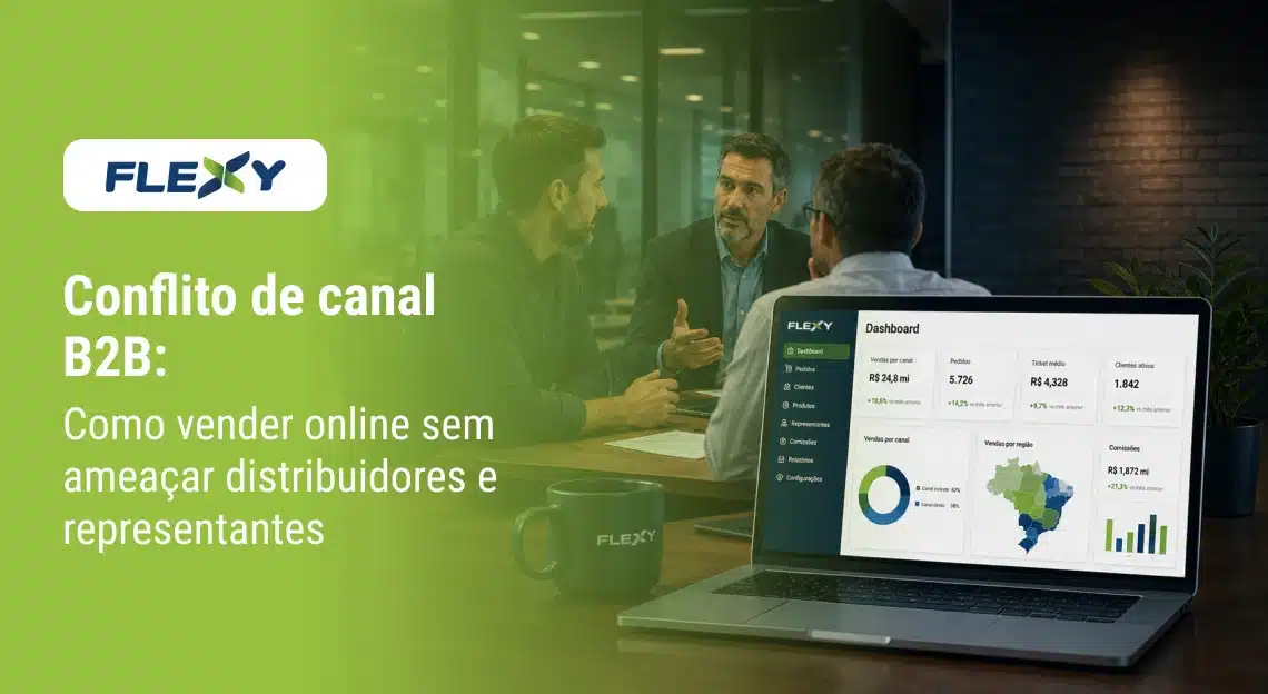 Conflito de canal B2B: reunião de negócios entre gestores enquanto um notebook exibe dashboard de vendas e indicadores comerciais para gestão de canais de distribuição.
